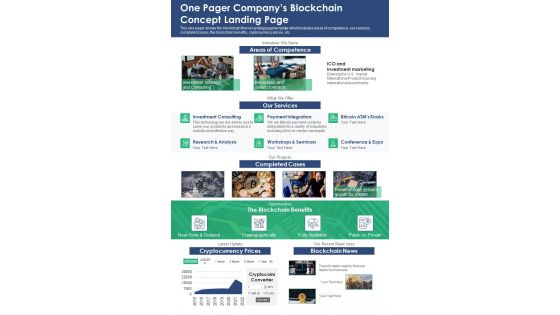 One Pager Companys Blockchain Concept Landing Page PDF Document PPT Template
