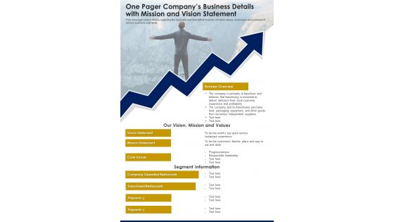 One Pager Companys Business Details With Mission And Vision Statement PDF Document PPT Template
