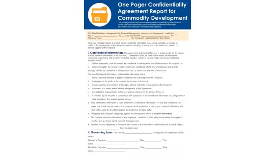 One Pager Confidentiality Agreement Report For Commodity Development PDF Document PPT Template