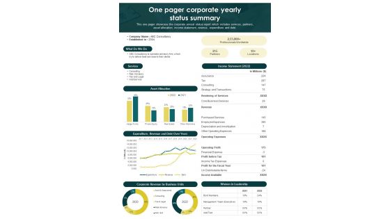 One Pager Corporate Yearly Status Summary PDF Document PPT Template One Pager Corporate Yearly Status Summary PDF Document PPT Template