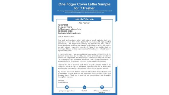 One Pager Cover Letter Sample For IT Fresher PDF Document PPT Template