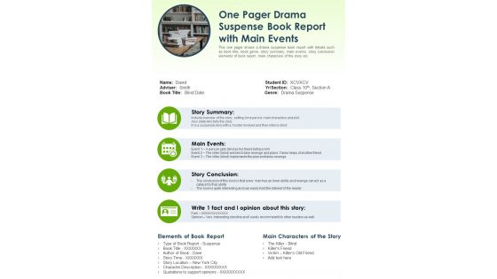 One Pager Drama Suspense Book Report With Main Events PDF Document PPT Template