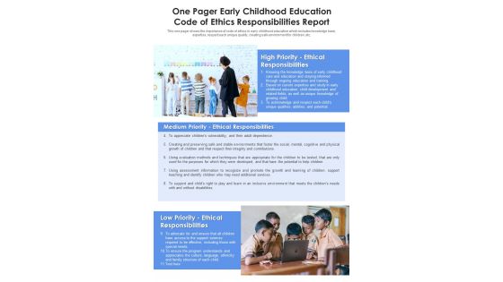 One Pager Early Childhood Education Code Of Ethics Responsibilities Report PDF Document PPT Template