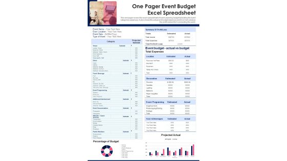 One Pager Event Budget Excel Spreadsheet PDF Document PPT Template