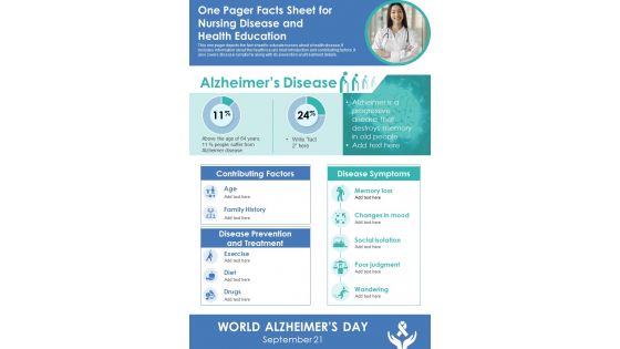 One Pager Facts Sheet For Nursing Disease And Health Education PDF Document PPT Template