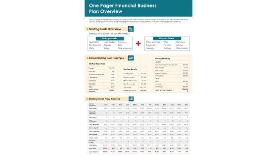 One Pager Financial Business Plan Overview PDF Document PPT Template