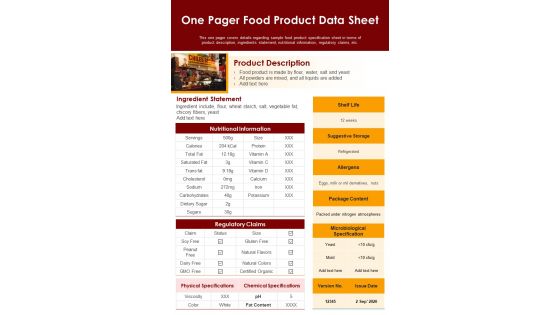 One Pager Food Product Data Sheet PDF Document PPT Template