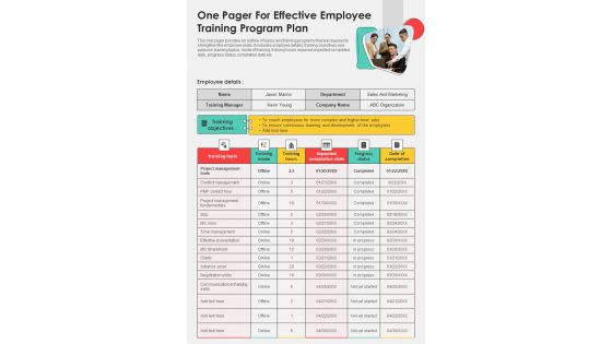 One Pager For Effective Employee Training Program Plan PDF Document PPT Template