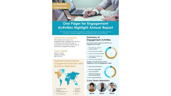 One Pager For Engagement Activities Highlight Annual Report PDF Document PPT Template