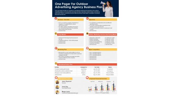 One Pager For Outdoor Advertising Agency Business Plan PDF Document PPT Template