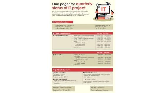 One Pager For Quarterly Status Of IT Project PDF Document PPT Template One Pager For Quarterly Status Of IT Project PDF Document PPT Template