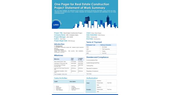 One Pager For Real Estate Construction Project Statement Of Work Summary PDF Document PPT Template