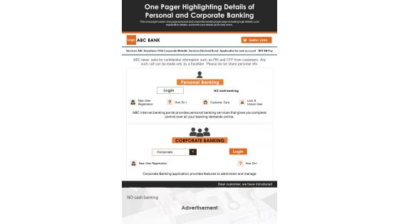 One Pager Highlighting Details Of Personal And Corporate Banking PDF Document PPT Template