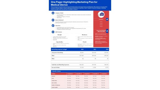 One Pager Highlighting Marketing Plan For Medical Device PDF Document PPT Template