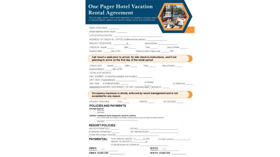 One Pager Hotel Vacation Rental Agreement PDF Document PPT Template