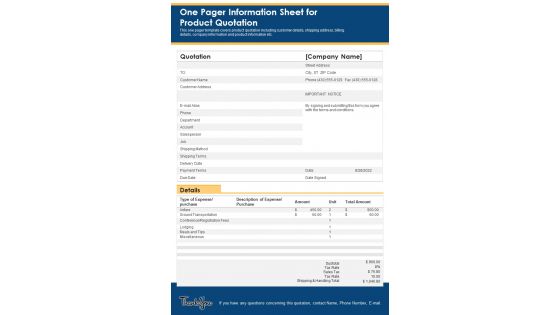 One Pager Information Sheet For Product Quotation PDF Document PPT Template