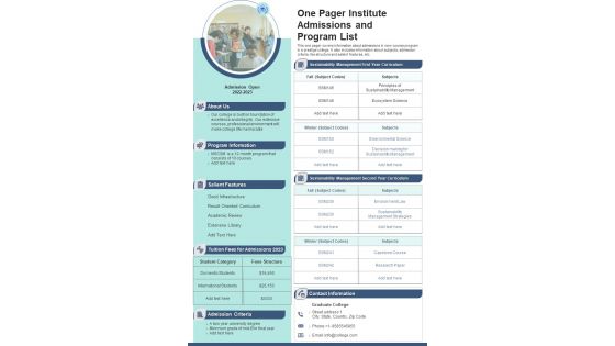One Pager Institute Admissions And Program List PDF Document PPT Template