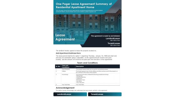 One Pager Lease Agreement Summary Of Residential Apartment Home PDF Document PPT Template