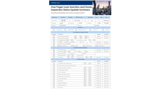 One Pager Loan Sanction And Home Inspection Status Update Summary PDF Document PPT Template