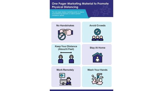 One Pager Marketing Material To Promote Physical Distancing PDF Document PPT Template