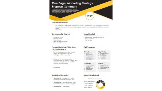 One Pager Marketing Strategy Proposal Summary PDF Document PPT Template