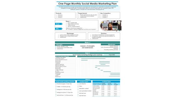 One Pager Monthly Plan For Social Media Advertising PDF Document PPT Template