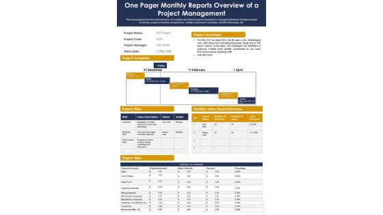 One Pager Monthly Reports Overview Of A Project Management PDF Document PPT Template One Pager Monthly Reports Overview Of A Project Management PDF Document PPT Template