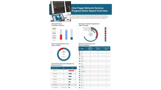 One Pager Network Devices Progress Status Report Overview PDF Document PPT Template