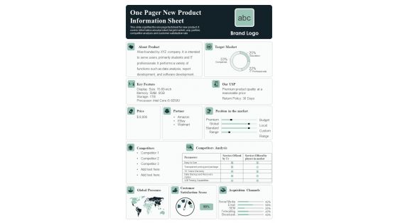 One Pager New Product Information Sheet PDF Document PPT Template