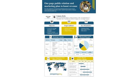 One Pager PR And Advertising Plan To Enhance Business Revenue PDF Document PPT Template