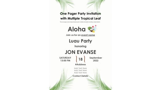 One Pager Party Invitation With Multiple Tropical Leaf PDF Document PPT Template