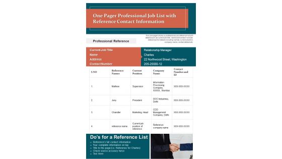 One Pager Professional Job List With Reference Contact Information PDF Document PPT Template