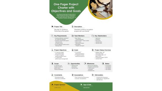 One Pager Project Charter With Objectives And Goals PDF Document PPT Template