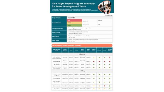 One Pager Project Progress Summary For Senior Management Team PDF Document PPT Template