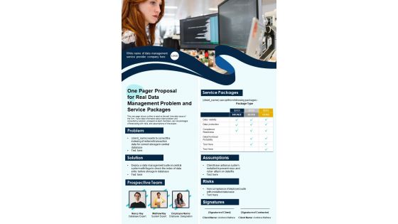 One Pager Proposal For Real Data Management Problem And Service Pakages PDF Document PPT Template