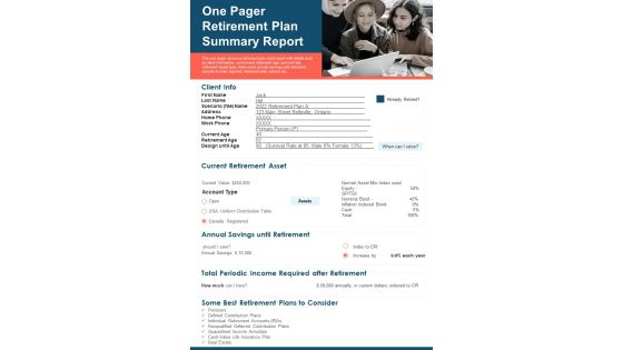 One Pager Retirement Plan Summary Report PDF Document PPT Template