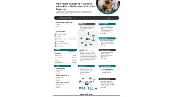 One Pager Sample Of Company Overview With Business Model For Investor PDF Document PPT Template