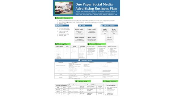 One Pager Social Media Advertising Business Plan PDF Document PPT Template