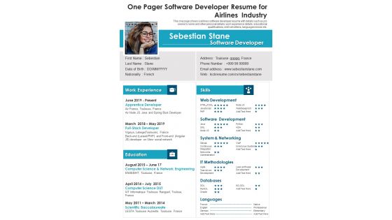 One Pager Software Developer Resume For Airlines Industry PDF Document PPT Template