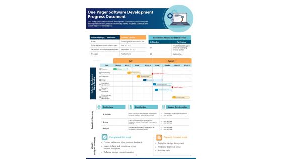 One Pager Software Development Progress Document PDF Document PPT Template