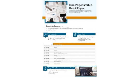 One Pager Startup Detail Report PDF Document PPT Template One Pager Startup Detail Report PDF Document PPT Template