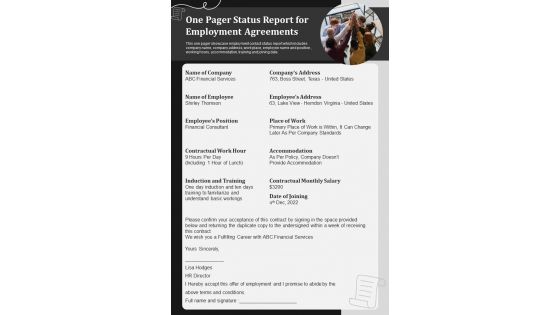 One Pager Status Report For Employment Agreements PDF Document PPT Template One Pager Status Report For Employment Agreements PDF Document PPT Template