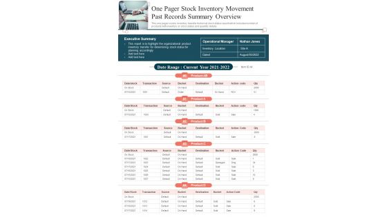 One Pager Stock Inventory Movement Past Records Summary Overview PDF Document PPT Template