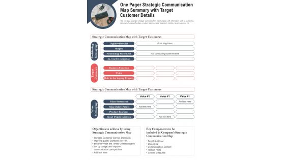 One Pager Strategic Communication Map Summary With Target Customer Details PDF Document PPT Template
