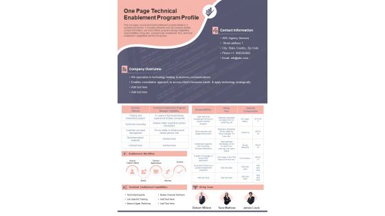 One Pager Technical Enablement Project Report PDF Document PPT Template One Pager Technical Enablement Project Report PDF Document PPT Template