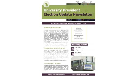 One Pager University President Election Update Newsletter PDF Document PPT Template