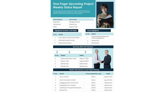 One Pager Upcoming Project Weekly Status Report PDF Document PPT Template