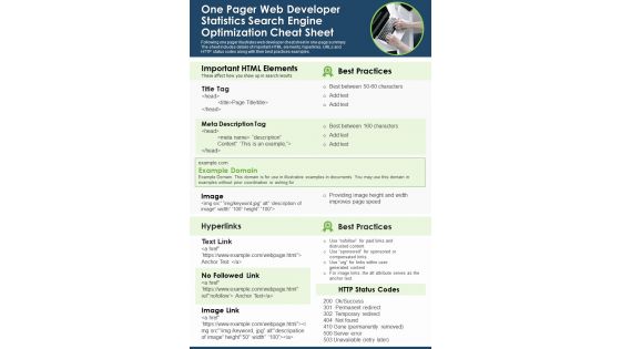 One Pager Web Developer Statistics Search Engine Optimization Cheat Sheet PDF Document PPT Template