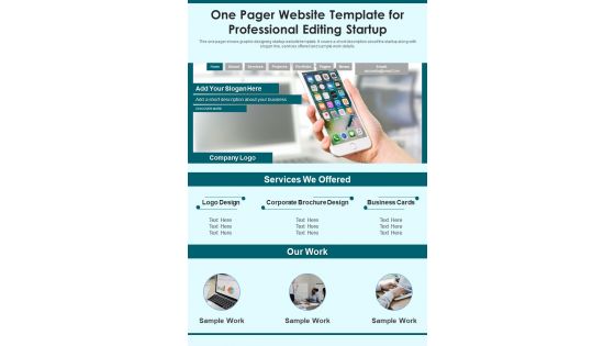 One Pager Website Template For Professional Editing Startup PDF Document PPT Template