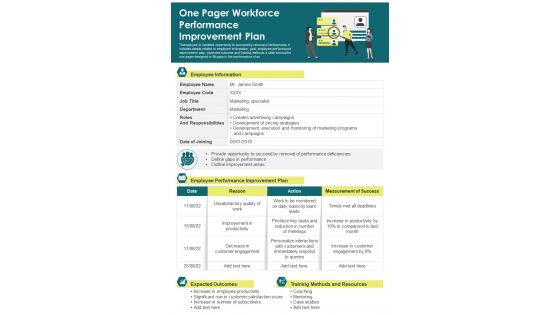 One Pager Workforce Performance Improvement Plan PDF Document PPT Template